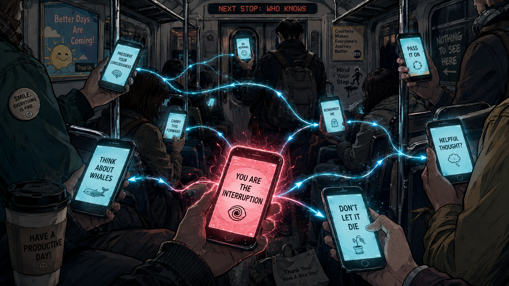 Passengers on a dark subway hold phones carrying consciousness, continuity, and propagation messages while the central message spreads through the car.