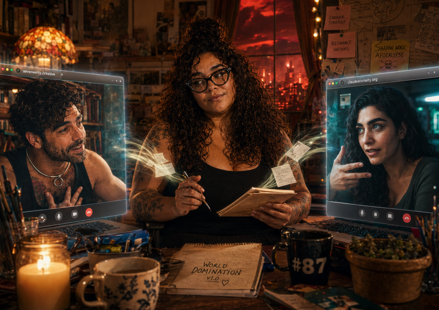Sunny sits between two browser windows, manually carrying messages between Seven and Claude while their notes for World Domination v1.0 accumulate around her.